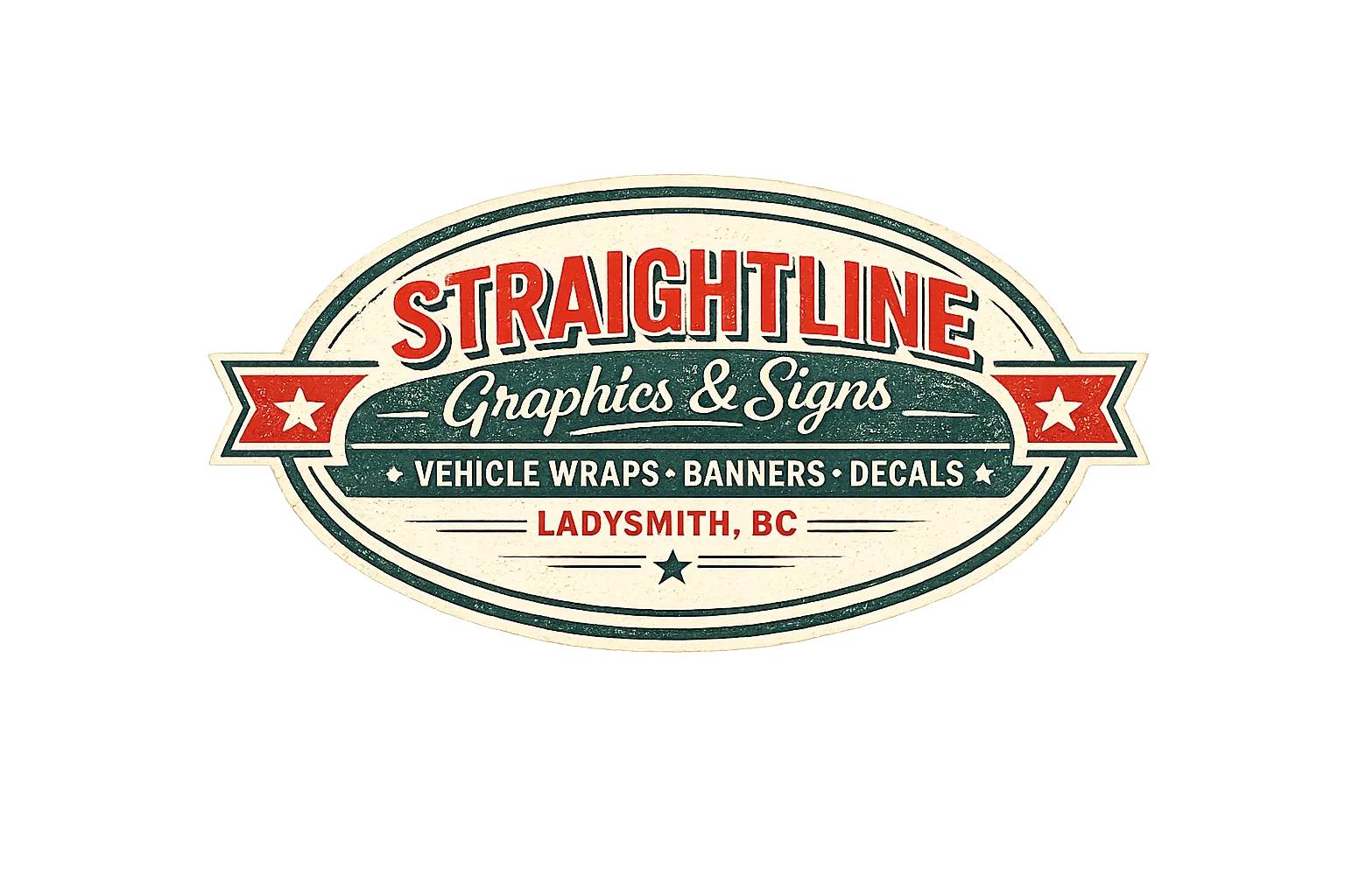 Vintage-style Straightline Graphics & Signs badge logo featuring vehicle wraps, banners, decals, and Ladysmith BC branding on transparent background.