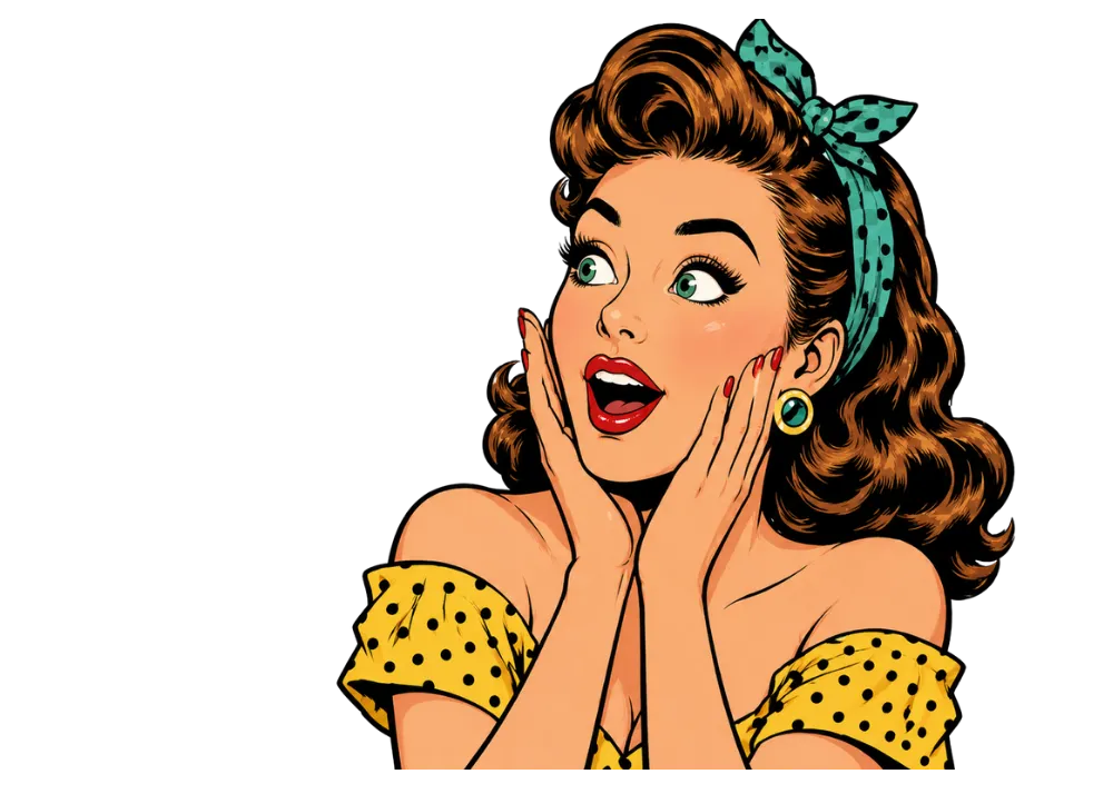 Retro pop art woman illustration used in custom vintage sign and branding design with transparent background.
