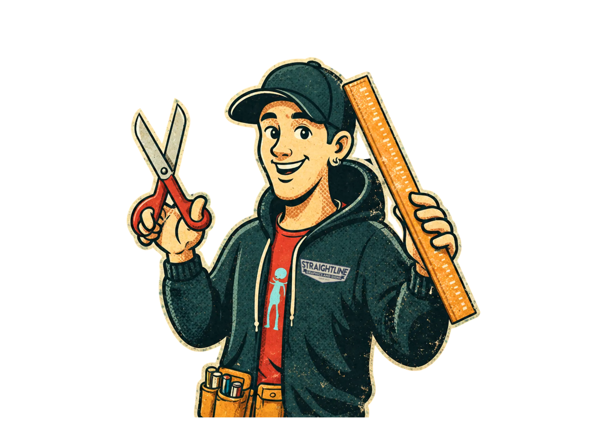 Retro cartoon-style sign maker holding scissors and measuring ruler on transparent background.